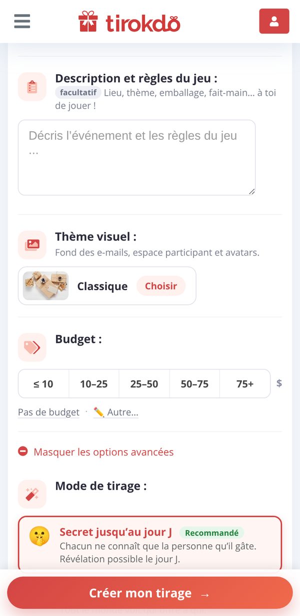 La page de création d'un tirage