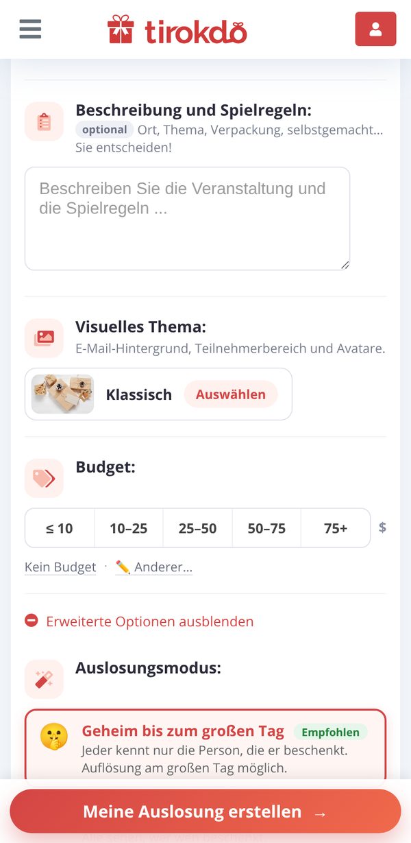 Die Wahl des Auslosungsmodus in den erweiterten Optionen