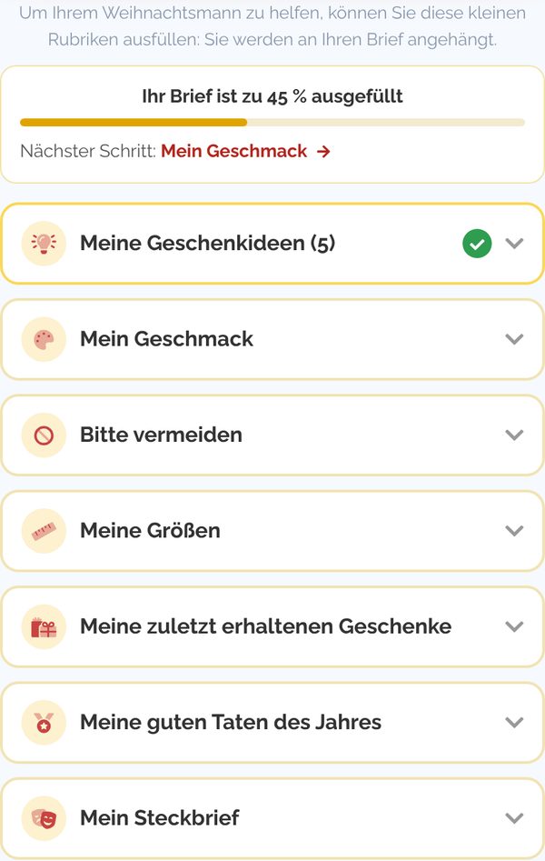 Die Rubriken des Briefs und die Fortschrittsanzeige