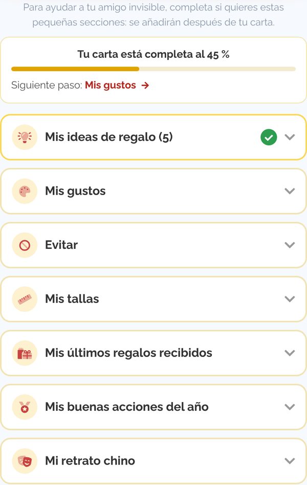 Los apartados de la carta y el indicador de progreso