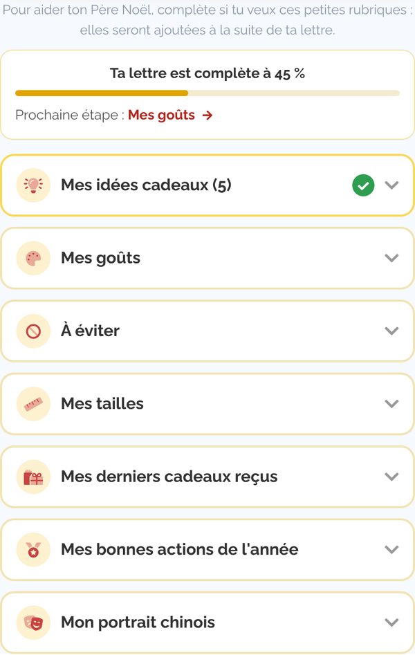 Les rubriques de la lettre et la jauge de complétion