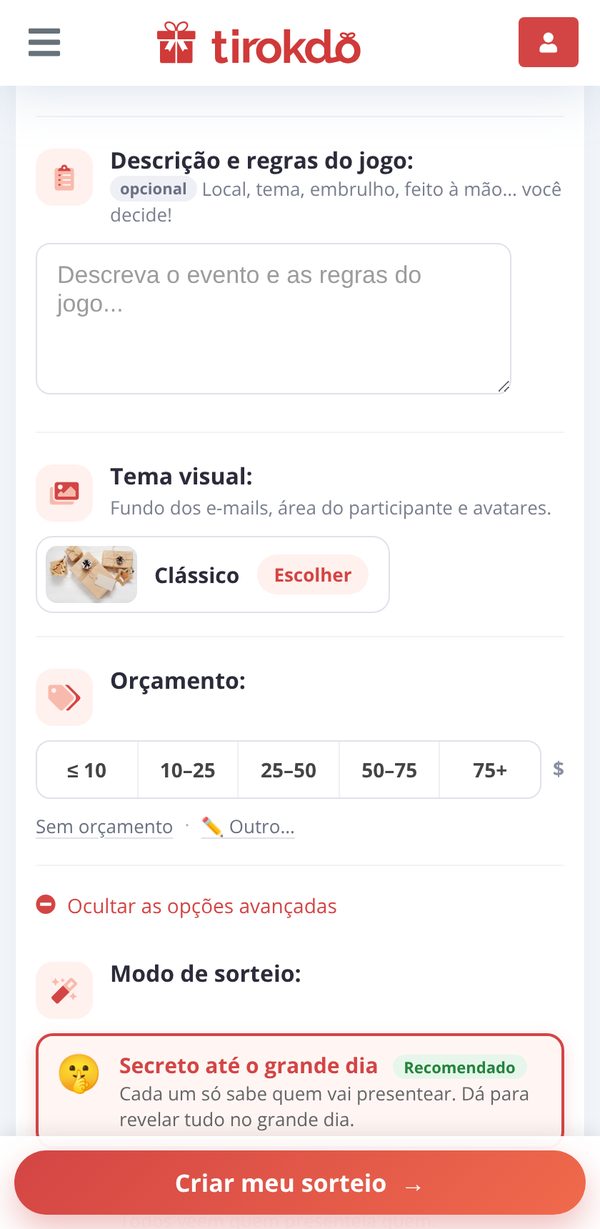 A escolha do modo de sorteio nas opções avançadas