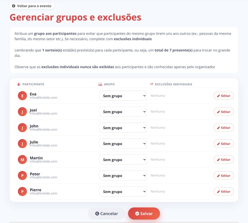 Gerenciar grupos e exclusões