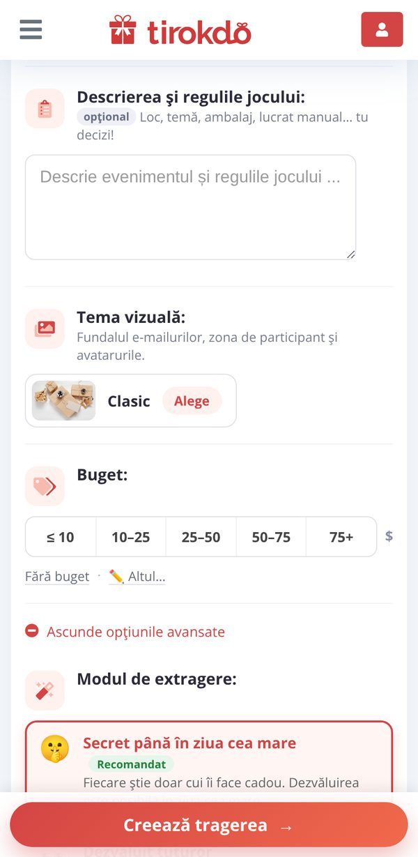Alegerea modului de extragere în opțiunile avansate
